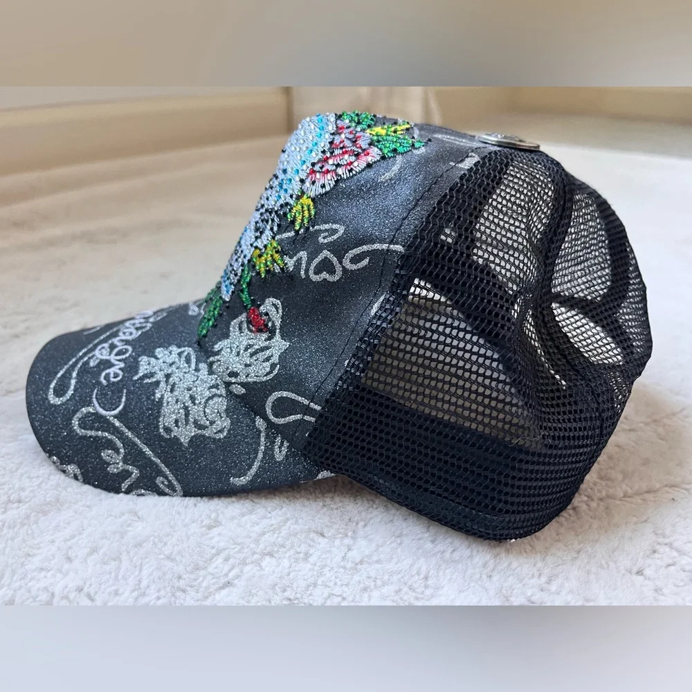 Vintage Skull, Flowers, and Rhinestone Trucker Hat